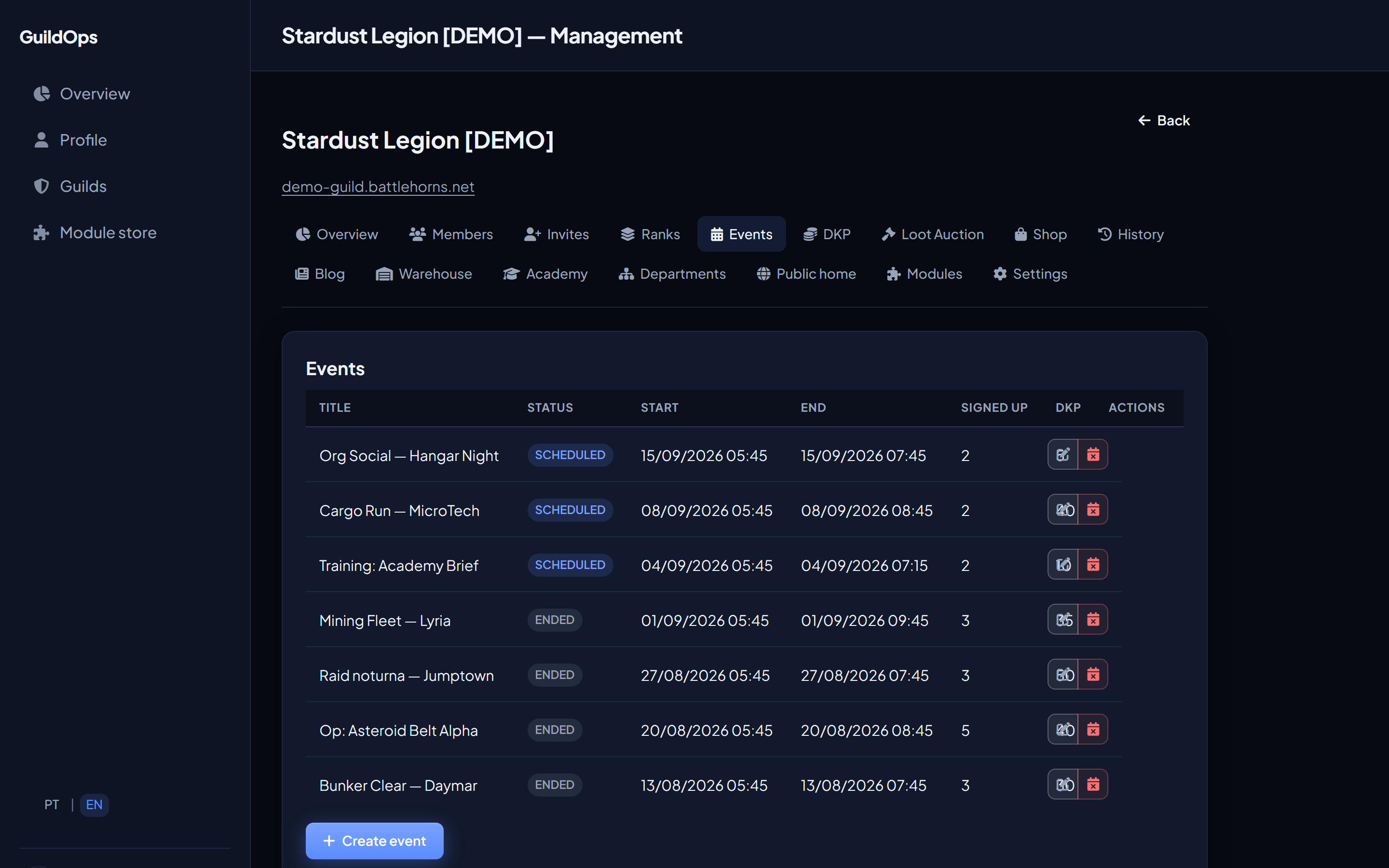Manage events